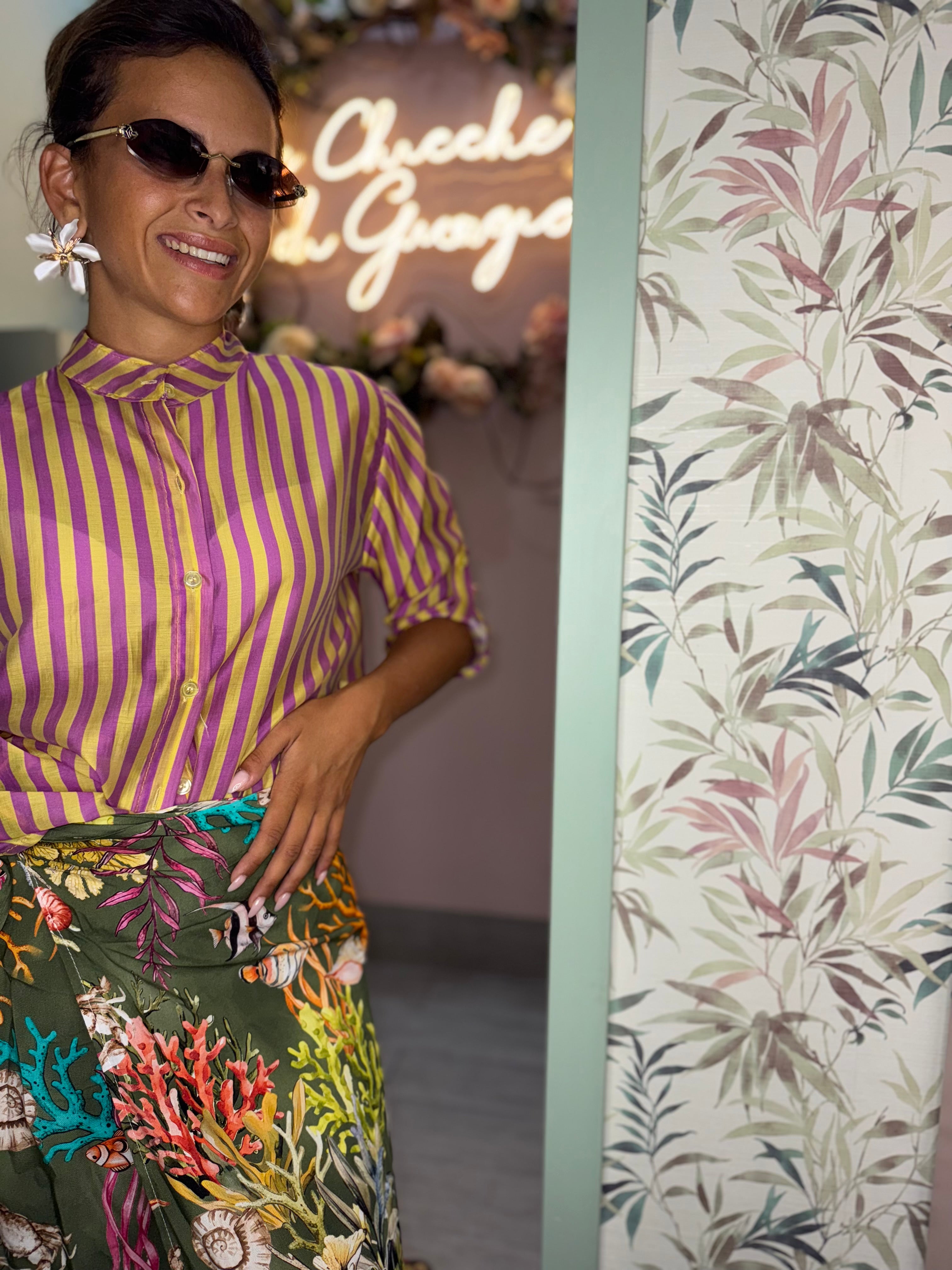 Camicia riga sottile verde e viola